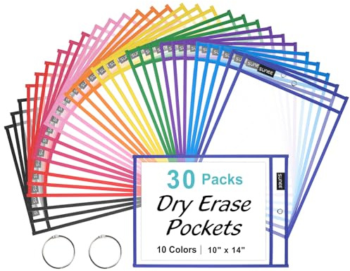 SUNEE 30 Packs Oversized Reusable Dry Erase Pocket Sleeves with 2 Rings, 10 Assorted Colors 10x14 Ticket Holders, Clear Plastic Sheet Protectors, Teacher School Classroom Supplies