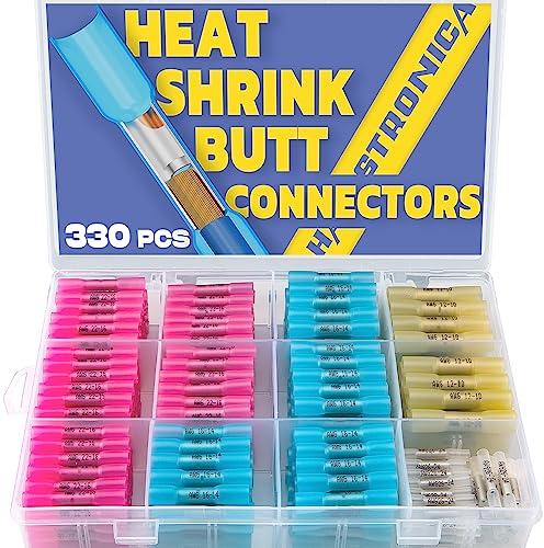 330PCS Haisstronica Connecteurs bout à bout thermorétractables - Kit de connecteurs de fils à sertir électriques étanches de qualité marine - Cuivre rouge étamé isolé (4 couleurs/4 tailles)
