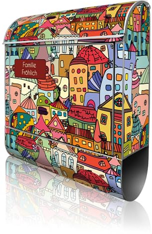 banjado Design Briefkasten personalisiert 38,5x46,5x13cm & 2 Schlüssel - Briefkasten Stahl Silber Zeitungsfach pulverbeschichtet - Postkasten A4 Einwurf inkl. Montagematerial - Motiv Funky Town