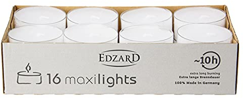 EDZARD 16 Maxi Teelichter ø 54 mm, weiß, ohne Duft, transparente farblose Kunststoffhülle, Brenndauer 10 Stunden