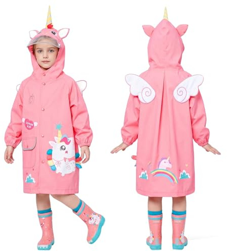 JinBei Chaqueta Impermeable para Niñas Encapuchado Chubasquero Reutilizable Poncho Ligero Traje Capa de Lluvia,Lindo Impermeable de Dibujos Animados en 3D Rosa Unicornio 4-6 Años