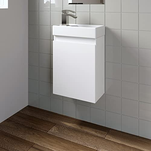 Artis 400mm Bathroom Vanity Unit With Wash Basin Ceramic Sink, Single Door, Cloakroom Storage Furniture Under Basin Cabinet, Wall Hung Cabinets. White Gloss