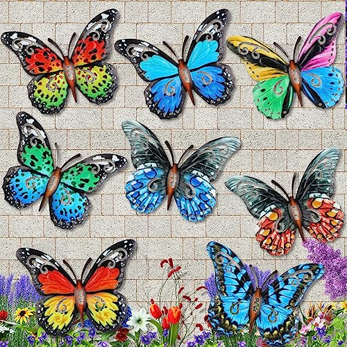 Jetec 8 Stück Metall Schmetterling Wandkunst Dekor, 3D Schmetterling Hängende Wanddekoration Skulptur für Balkon Terrasse Wohnzimmer Garten Outdoor Zaun Dekoration (Stilvoller Stil)