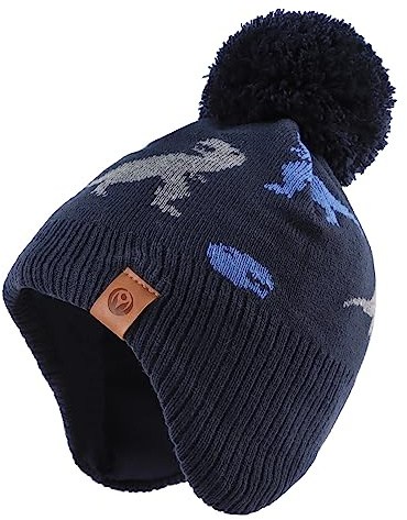 XIAOHAWANG Baby Strickmütze Winter Babymütze Junge Warme Kindermütze Junge Beanie Mütze Dicke Wintermütze für Herbst,Winter(Marine Dinosaurier Hut, 9-24Monate)