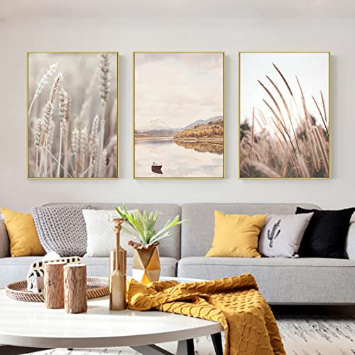 SWECOMZE 3er Poster Set Wohnzimmer, Moderne Bilder Deko Schlafzimmer, Beige Pampasgras Sonnenuntergang See Stilvolle Wandbilder - ohne Bilderrahmen (Style A,40 x 50 cm)