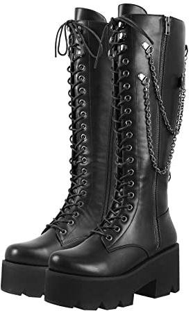 Only maker Damen Gothische Stiefel mit Blockabsatz Absatzstiefel Langschaft Stiefel Kniestiefel Cool Boots Schwarz EU 44