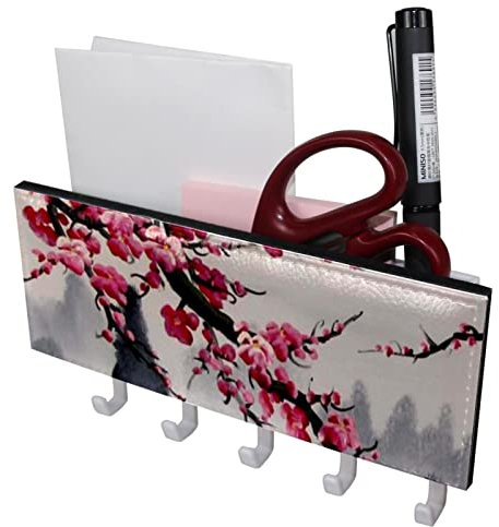 TBOUOBT Schlüsselhalter für Wanddekoration, Mail-Organizer und Schlüsselbrett für Flur, Küche, Bauernhaus-Dekoration,Vintage Tuschemalerei Wintersüße Blumen und Berge
