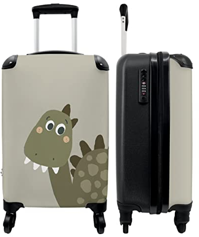 NoBoringSuitcases.com® Kinderkoffer Jungen Handgepäck Koffer Reisetasche mit Rollen Geschenk - Dino - Koffer Grün - Grau - 55x35x20cm