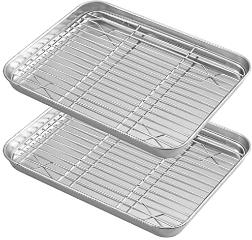Jetisva Stainless Steel Baking Trays Non Stick Baking Trays for Oven [2 Sheet + 2 Rack] Large Stainless Wire Sheet Pan with Cooling Rack for Bread/Biscuits/Meat Cooking (17 * 23cm)