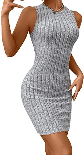 GORGLITTER Figurbetontes Kleid Kurz Tank Kleid Damen Rippenstrick Kleider Bleistift Kleid Sexy Sommer Minikleid Grau M