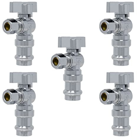 1/4 Turn Angle Stop Valve, 1/2 Press x 3/8 OD Compression Miiflex Heavy Duty Chrome Plated Brass Quarter Shut Off Valve w/Ferrule and Nut for Residential/Commercial Compatible with ProPress [5 Pack]