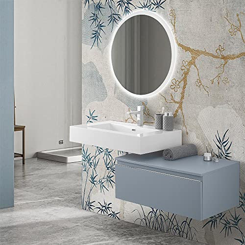 Inbagno Mobile bagno sospeso con lavabo 100, cassettiera 80 cm blu pastello chiusura soft-close, lavabo sospeso in resina e specchio tondo LED 90 cm