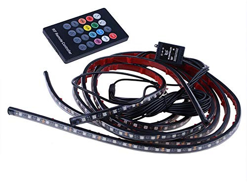 Riloer 12V Coche RGB LED Chasis Tira de Luz, Neón Automóvil Bajo Resplandor Chasis Barra de Luz Tira Ambiente Decorativo, con Control Remoto de Brillo y Música