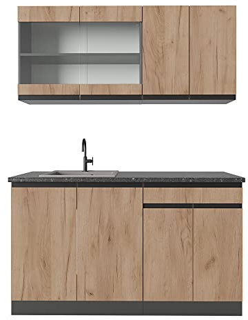 Vicco Singleküche R-Line, Goldkraft Eiche/Anthrazit, 140 cm | 4 Module · Höhenverstellbare Füße · Ohne Arbeitsplatte · Robuste Fronten · Mit Glasschrank · Frei kombinierbar