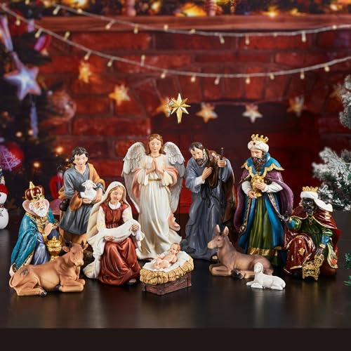 TOETOL Nativity Sets for Christmas Indoor 11.8 Inch Tall Large Set of 13 Pieces Resin Scene Figurine Ornament Religious Christmas Table Decorations Collection Gifts Holidays Decor(DYST0002-03-30)