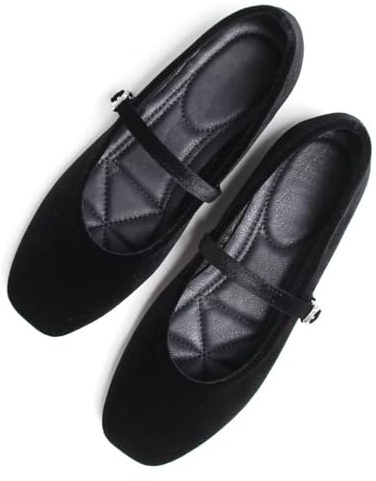 Stunner Mary Jane Square Toe Ankle Strap Black Ballet Flats for Women, Velvet Black, 7.5 UK