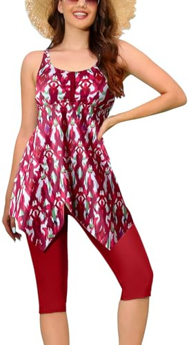 Ecupper Maillot de Bain Femme 2 Pieces Tankini Shorty Imprimé Rembourré Maillot avec Short de Garçon Rouge L