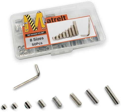 Matrelt 50pcs 1/4-20 8 Sizes Hex Socket Set Screws Assortment Kit, 304 Stainless Steel Cup Point Grub Screw for Bathroom Fixtures Door Handles Stripper Pole Rack Screws Precision Instrument ETS