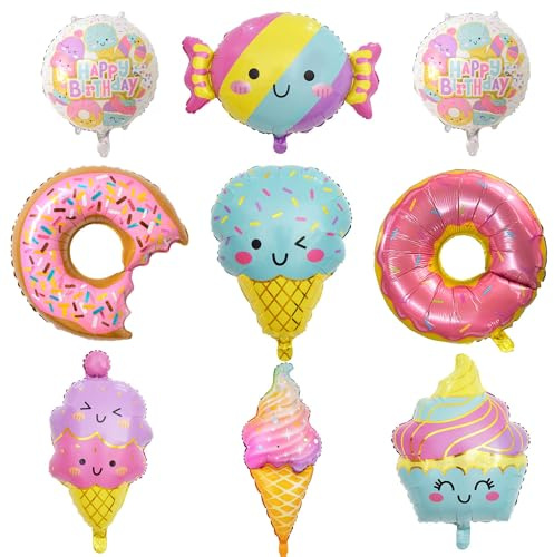 NGJGTR 9 PCS Donut Ice Cream Foil Balloons, Doughnut Mylar Foil Balloons Ice Cream Theme Birthday Party Decorations for Kids Girls Birthday Baby Shower Wedding Party Decorations