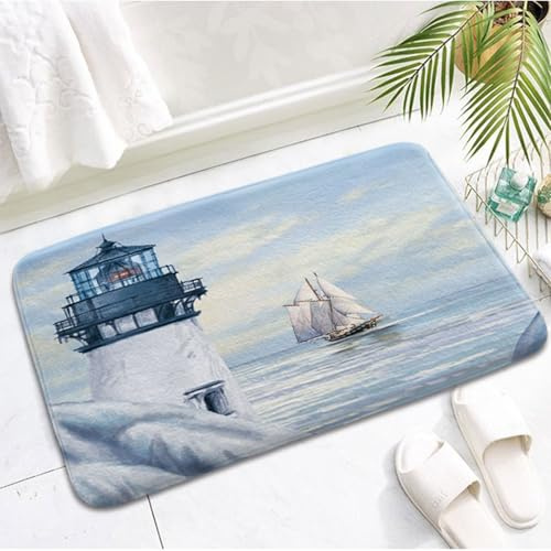 Nautical Lighthouse Bath Rugs, Blue Ocean Theme Sunrise and Sailboat Shower Rugs, Flannel Non Slip Ocean Coastal Bath Carpet Bathroom Room Decor 19X31IN