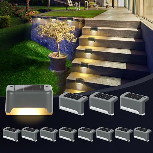 GIGALUMI Solar Fence Lights Outdoor Garden, 12 Pack Solar Step Lights, Waterproof Deck Decorative Lighting for Stairs, Yard, Patio, Gutter, Garden, Pathway Decoration (Grey, Warm White)