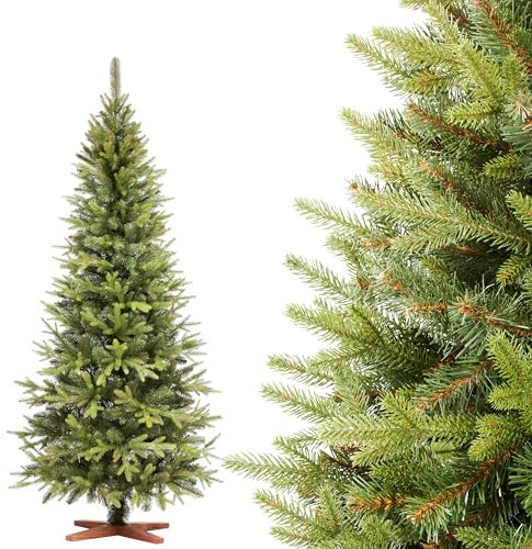 FAIRYTREES Árbol de Navidad, Nordmann Premium 180 cm, Elementos Naturales Moldeados por inyección, Hecho en la UE, Árbol de Navidad con Soporte de Madera de Fresno Hecho a Mano