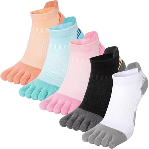 Donna Calzini Corte con Dita Separate Calze Corsa Cuscino Completo Sportive Calzini Cinque Dita Imbottiti Allenamento Socks Traspirante per Uso Quotidiano, Allenamento, Corsa, Fitness - 5 Paia
