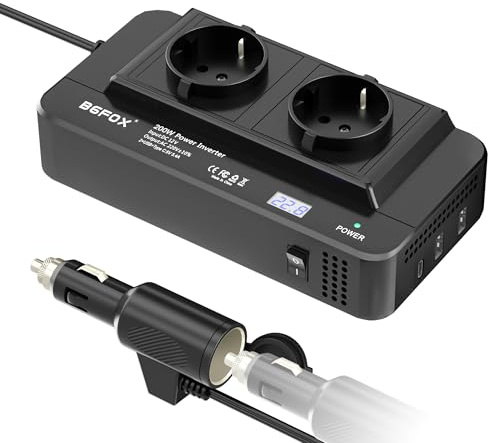 BGFOX 200W Wechselrichter 12V auf 230V Auto Spannungswandler, Stromwandler mit 2 Auto Steckdose/Type-C & 2 USB Anschlüsse und Zigarettenanzünder Verteiler für Handys, für Laptop, iPad, DashCam