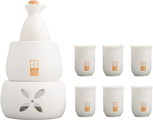 TLTDSMYF Set di sakè in Ceramica con scaldavivande, Include 1 Bottiglia di sakè, 6 Tazze di sakè, 1 Tazza scaldavivande, 1 Stufa riscaldante a Candela, Nero