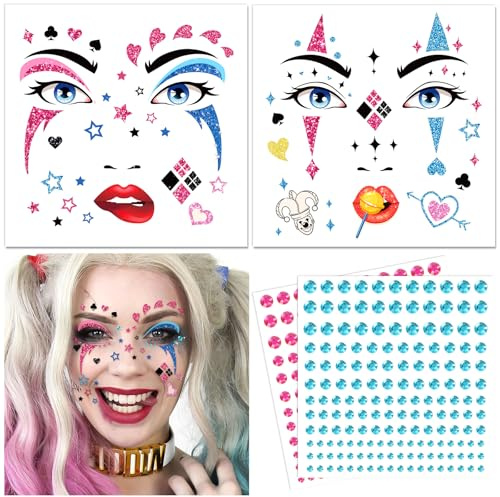 DPKOW Clown Tatuaggi Facciali Halloween Carnevale Costume Accessori Clown Tatuaggi Temporanei Pietre Glitterate Trucco Facciale Clown Halloween Tatuaggio Motto Festa Cosplay Carnevale Accessori