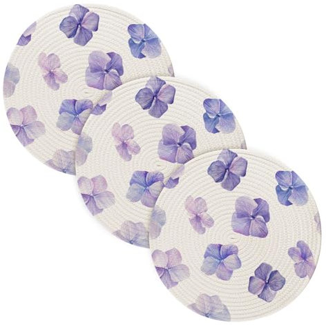 Topflappen-Untersetzer-Set für heiße Gerichte, 38,1 cm, Baumwollfaden, hitzebeständig, Pad für heiße Töpfe, Wohnaccessoires, blaue Hortensien, Blumen, Aquarell, 3 Stück