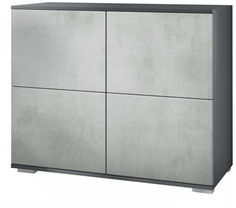Vladon Kommode Rova V3, Moderner Küchenschrank mit 4 Push-to-Open Türen Anthrazit matt/Beton Oxid Optik (92,5 x 75.5 x 35)