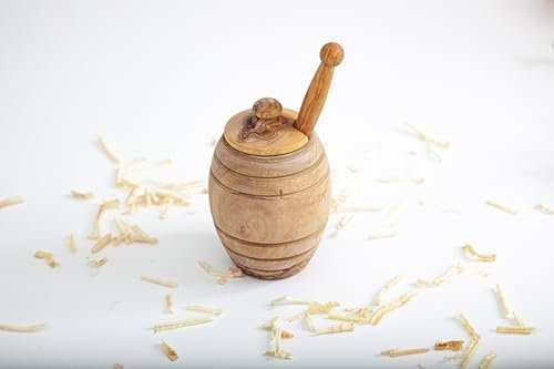 Générique Pot à miel rustique en bois d'olivier naturel, 7 cm (L) x 12 cm (H), avec cuillère anti-coulure