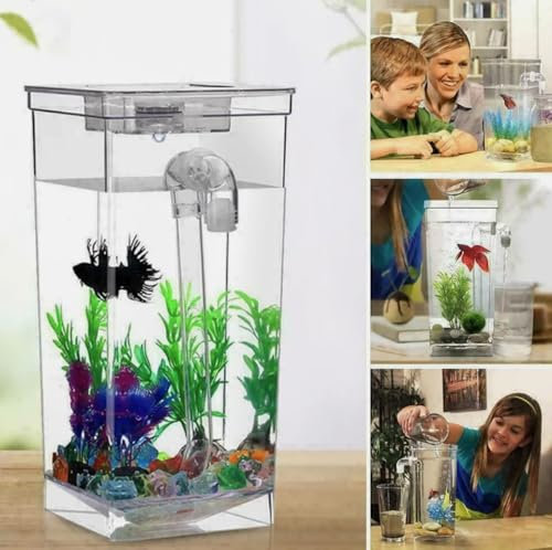 HK Online Selbstreinigendes Schreibtisch-Aquarium mit LED-Licht, Schwerkraftreinigung, Flussbettsteinen und Wasserpflanze