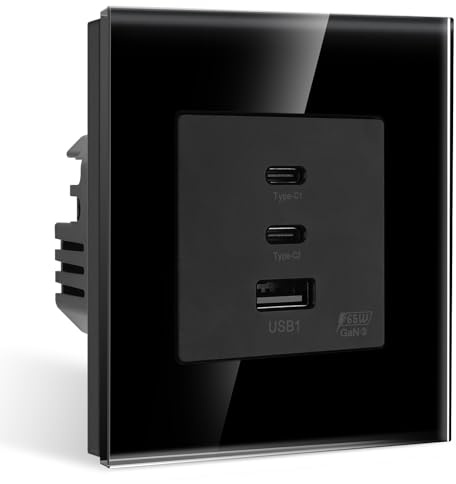 CNBINGO USB Steckdose, 65W Schnellladung (2x Typ-C, 1x USB-A), Glas Schwarz | USB Unterputz mit 3× USB-Anschluss Schnellladen, 1-Fach Wandsteckdose mit Glasrahmen, DIY Installation, 86x 86mm