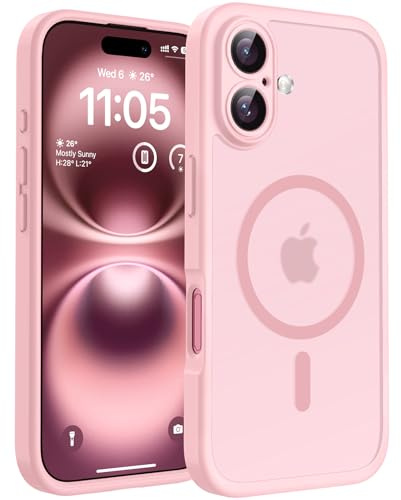 TOCOL für iPhone 16 Hülle, Kompatibel mit MagSafe, Matt Hellrosa | Eingebauter Magnetring, Vollständiger Kameraschutz, Militärschutz Stoßfest Kratzfest Haltbarkeit, Durchscheinend Rückseite