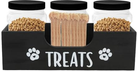 Ghshanog Dog Treat Container,Wooden Dog Food Storage Container, 33X13X10 CM Pet Food Organizer, Reusable Dogs Cats Animal Storage Bin,Farmhouse Pet Treats Organizer for Pets Owners and Lovers(Black)