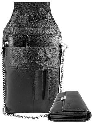 LEONARDO VERRELLI Portefeuille de serveur en cuir, porte-monnaie, pour homme et femme, avec ou sans holster, poche plaquée, avec chaîne et grand compartiment à monnaie en noir, Noir , 26x14, Classique