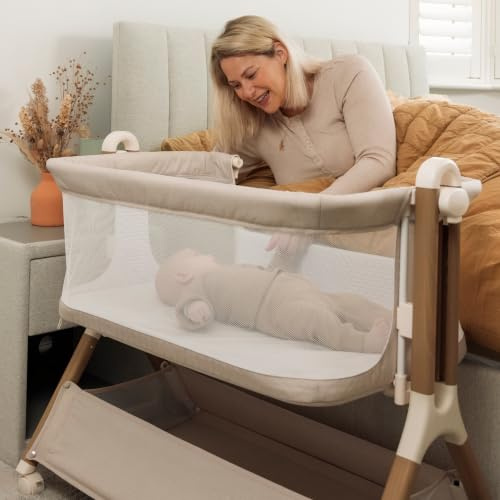 Obaby Cloud Bedside Crib – Oatmeal – Compact Baby Crib with Breathable Mesh Sides, Sturdy & Safe
