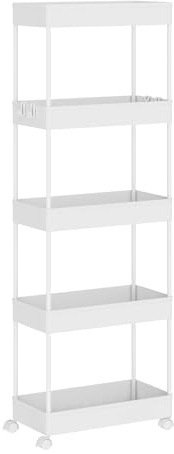 Klihome Servierwagen mit 5 Ebenen, Küchenwagen Nischenwagen Nischenregal mit Rollen, durchbrochendem Design, 4 Haken, Rollwagen für Schlafzimmer Küche Wohnzimmer, 39 x 107,5 x 20,5 cm, Weiß