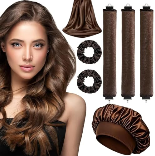 7-teiliges Heatless Curls Set, Overnight Blowout Lockenwickler ohne Hitze, Coffee-farbene Lockenwickler mit Seidentuch und Schlafhaube, Ideal für natürliche Locken und schonendes Styling