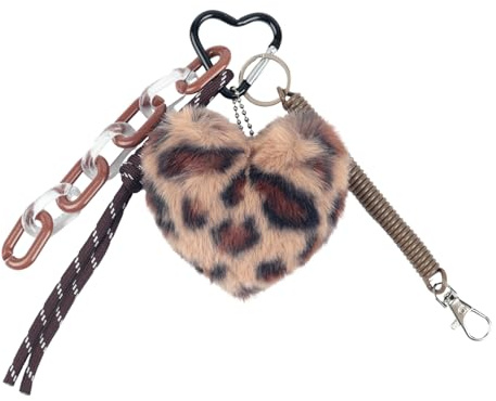 Fycyko Porte-clés Motif Léopard Cœur en Peluche Porte-poches pour sac Charms Auto Porte Clés Peluche Cute pour Femmes et Filles,Marron