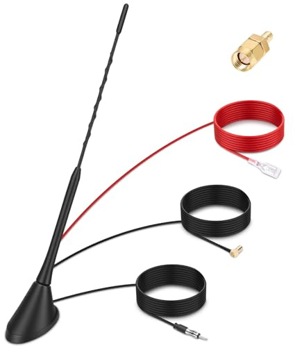 DAB Antenne Auto, DAB+ Autoantenne FM/AM Dachantenne Digital Radioantenne mit Verstärker, Autoradio Antenne mit SMB/SMA Stecker DIN Adapter | 5M-Verlängerungskabel