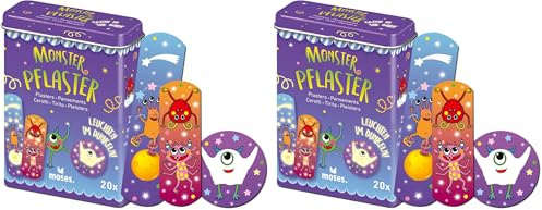 moses. Monster Nachtleuchtende Pflaster – 20 Heftpflaster in 3 Größen, mit Monster-Motiven & Leuchteffekt, Kinderpflaster in praktischer Pflasterbox aus Metall, für kleine Verletzungen & Wunden