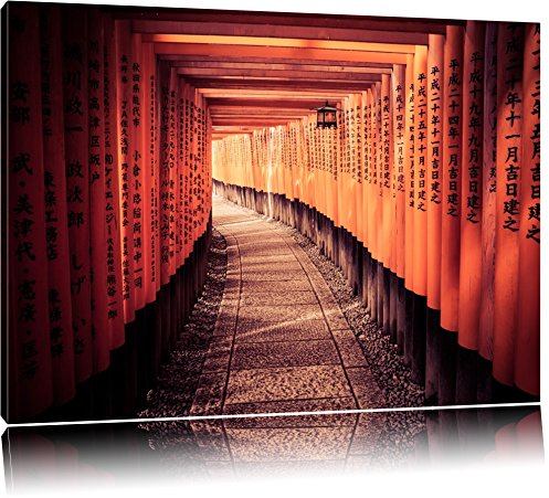 Pixxprint Gebetsgang Japanischer Tempel, Größe: 120x80cm, Leinwandbild, fertig gespannt, Wandbild, Dekoration, Kunstdruck, kein Poster