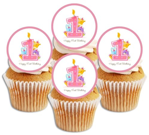 48 1st Birthday Girl Edible Wafer, Paper, Mini Cupcake Toppers, Cake Pops, Cookies