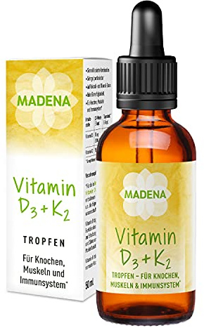 MADENA Vitamin D3 und K2 Menachinon all-trans MK-7, Tropfen hochdosiert, 50ml in MCT Öl, hohe Bioverfügbarkeit, vegan ohne Zusätze