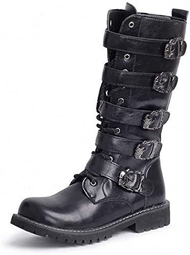 Tebapi Men's Leather Motorcycle Long Boots Side Zipper Waterproof Biker Riding Punk Rock Round Toe Cowboy Western Tactical Army Boot Black Lace up Men Shoes 8.5