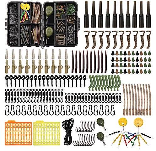 217stk Karpfen Angelzubehör Set, Karpfenangeln Angelbox Karpfen Angelkoffer Karpfen Vorfach Angeln Wirbel Snap Anti Tangle Sleeve Karpfenhaken Line Aligner Köder Schraubenstopper Karpfen Gewichte
