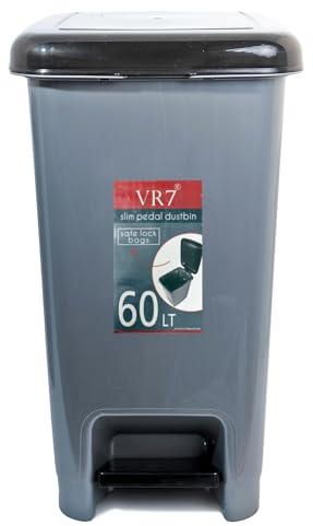 Slim Pedal Kitchen bin with Lid 60L Large Plastic Indoor/Outdoor Sanitary Garbage Clinical Waste Bin Living Room Grey Recycling Trash Garden Dustbin